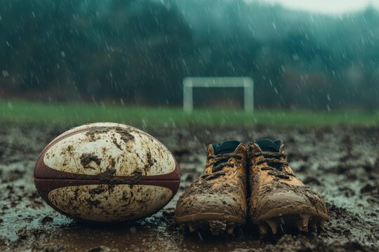 A rugby ball, mouthguard, and a pair of cleats, arranged on a muddy field with goalposts in the distance, ready for an intense game