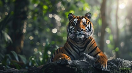 Obraz premium A tiger rests majestically on a rock, surrounded by lush greenery in a serene forest setting.