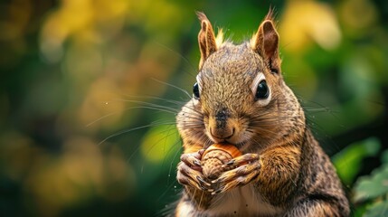Obraz premium A curious squirrel enjoys an acorn while surrounded by lush green foliage in nature's paradise