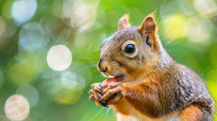 Obraz premium A curious squirrel enjoys an acorn while surrounded by lush green foliage in nature's paradise