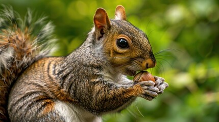 Obraz premium A curious squirrel enjoys an acorn while surrounded by lush green foliage in nature's paradise