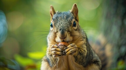 Fototapeta premium A curious squirrel enjoys an acorn while surrounded by lush green foliage in nature's paradise