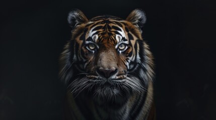 Fototapeta premium Majestic tiger gazes intensely in dramatic low-key lighting against a dark backdrop