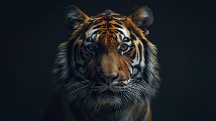 Fototapeta premium Majestic tiger gazes intensely in dramatic low-key lighting against a dark backdrop