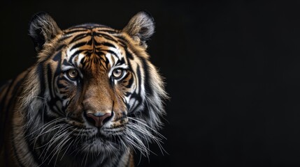 Majestic tiger gazes intensely in dramatic low-key lighting against a dark backdrop