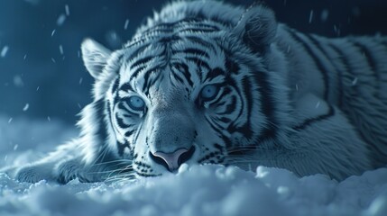 Obraz premium A White Bengal Tiger rests peacefully in fresh snow under the enchanting moonlight at night