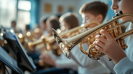 Selective focus shot of modern middle school band practicing music in classroom, copy space.,