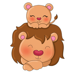 Ilustración adorable de león con su hija sobre su cabeza