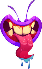 Halloween monster mouth with drool jaws and saliva tongue. Cartoon vector creepy open mouth with purple lips, yellow teeth and red gums, creating spooky and eerie effect for party holiday celebration