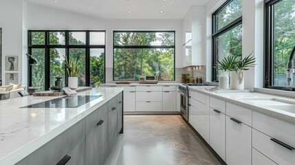 A bright and spacious contemporary kitchen featuring a large U-shaped island and sleek white cabinetry with a stunning outdoor view