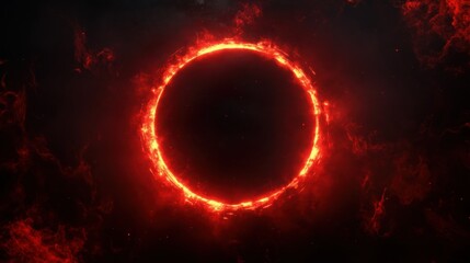 A red circle with a black center. The circle is surrounded by fire