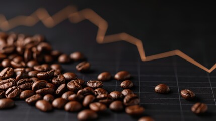 Coffee Beans on Black Background with Rising Graph Line Indicating Growth in Coffee Market Trends