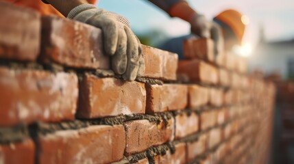 Naklejka premium Construction Workers Building a Brick Wall at a Construction Site During Sunrise