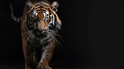 Obraz premium Majestic tiger gazes intensely in dramatic low-key lighting against a dark backdrop 