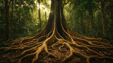 A large tree with many roots is the main focus of the image. The roots are spread out and appear to be brown in color