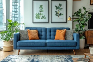 Mid-century Scandinavian interior design featuring a modern living room with a blue sofa.







