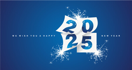 We wish you a Happy New Year 2025 event greeting card design template with light sparkle firework on blue background. New Year 2025 start concept