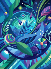 Abstract Colorful Pattern with Geometric Shapes and Leaves