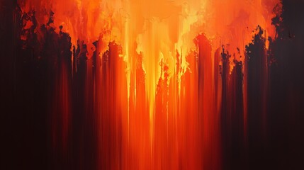 A painting of a forest with a fire in the background. The fire is orange and the trees are black