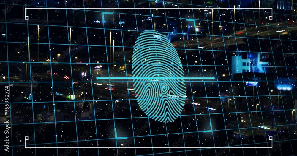 Poster fingerprint scanning animation over cityscape with grid and data visualization