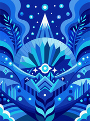 Abstract Blue Mountainscape with Geometric Shapes and Eye Symbol