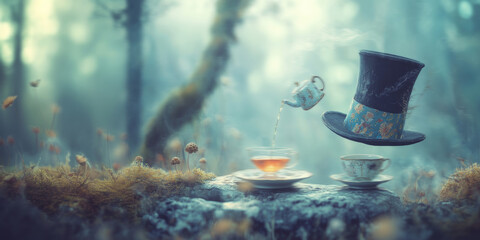 The Mad Hatter's iconic oversized hat resting on a tree stump in a magical forest, with glowing butterflies and floating teacups around it.