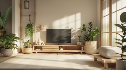 A tranquil Japandi-style living room with wooden accents, soft lighting, and a clutter-free arrangement for relaxation