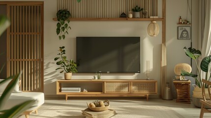 A tranquil Japandi-style living room with wooden accents, soft lighting, and a clutter-free arrangement for relaxation