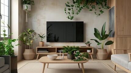 A tranquil Japandi-style living room with wooden accents, soft lighting, and a clutter-free arrangement for relaxation