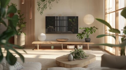 A tranquil Japandi-style living room with wooden accents, soft lighting, and a clutter-free arrangement for relaxation