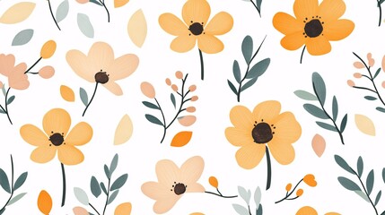 Yellow Floral Pattern: A delicate and charming seamless pattern featuring soft yellow and orange flowers with green leaves on a white background. Perfect for adding a touch of whimsy and warmth to you