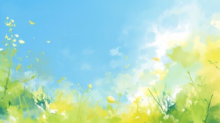 Fototapeta premium Light Blue and Green Watercolor Background Featuring Sky, Grass Field, and Clouds in Pastel Colors