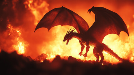 Naklejka premium Silhouette of Fire-Breathing Dragon with Big Wings