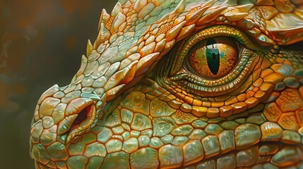 Fototapeta premium Dragon head in greenish orange with a big golden pupil