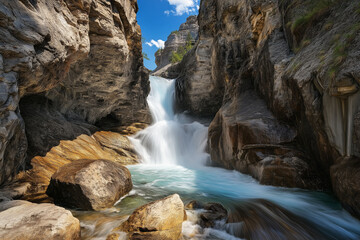 Mountain waterfall cascading through rocky cliffs in a serene landscape.