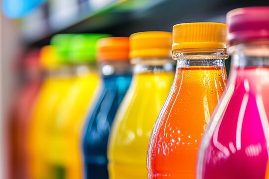 Close-up of colorful bottled beverages on a store shelf.