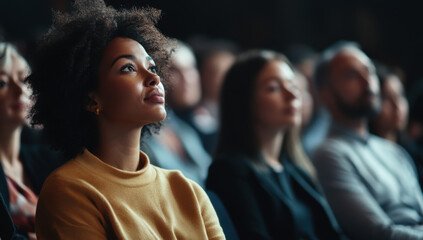 Fototapeta premium Audience engaged in a conference, reflecting thoughtfully on the speaker's insights and ideas during a business event
