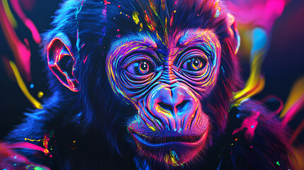 Close up of a colorful, psychedelic neon colored baby gorilla