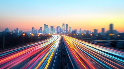 Fototapeta premium Fast-moving traffic with colorful light trails, leading towards a futuristic city skyline at sunset