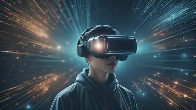 Woman Wearing VR Goggles in Digital World