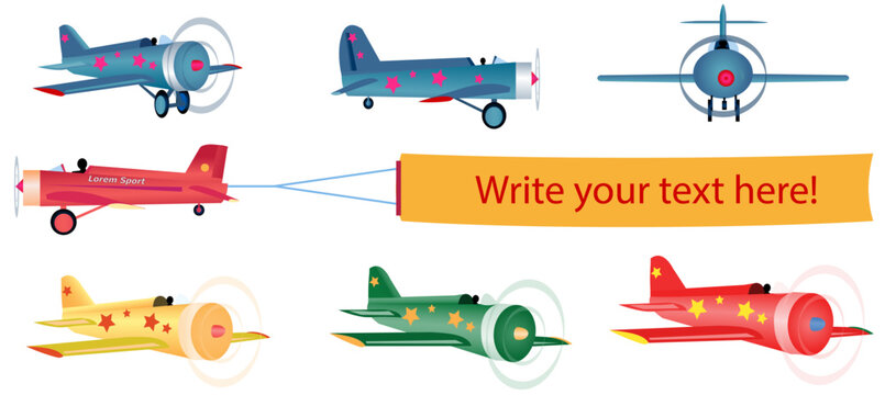 Set of small multicolored  propeller airplanes from different angles in realistic style. Vector illustration isolșated on white.