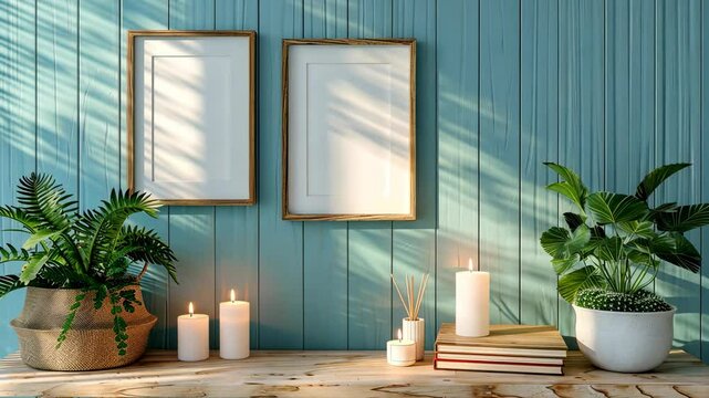 Cozy interior design inspiration featuring plants and candles against a blue wooden wall