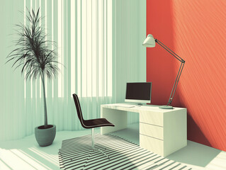 Modern home office with a white desk, laptop, black chair, and potted plant. Minimalist design with red and white walls, vertical blinds, and a striped rug
