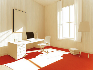 Minimalist home office with a white desk, black chair, and floor lamp. Sunlight streams through the window, highlighting the clean lines and warm wooden textures.