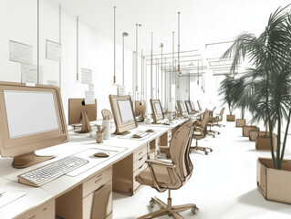 Modern office space with unoccupied workstations, desktop computers, and office supplies. Organized and inviting workspace atmosphere.