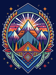Abstract Mountain Landscape with Geometric Patterns and Stars