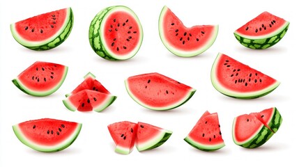 Set of watermelon and watermelon slices isolated on white background. Clipping paths.,