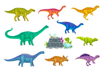 Cartoon dinosaur characters of jurassic dino animals. Funny baby dinosaur vector personage hatching from egg and cute psittacosaurus, ampelosaurus, shantungosaurus and antarctosaurus dino characters