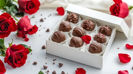 A luxurious striped white gift box containing truffles and chocolates, decorated with red roses on the sides.