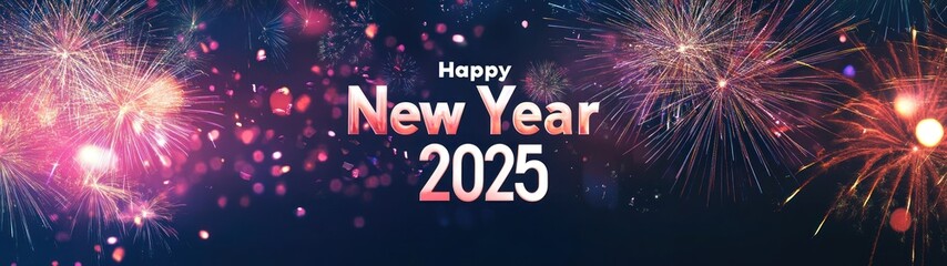 Fototapeta premium A vibrant New Year greeting banner showcasing a colorful fireworks display with the text 